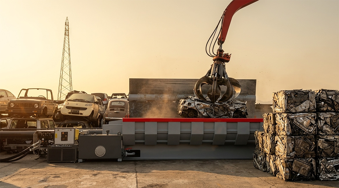 Roter Recycling RR-series car baler compacting an end-of-life vehicle into a dense bale on a scrap yard