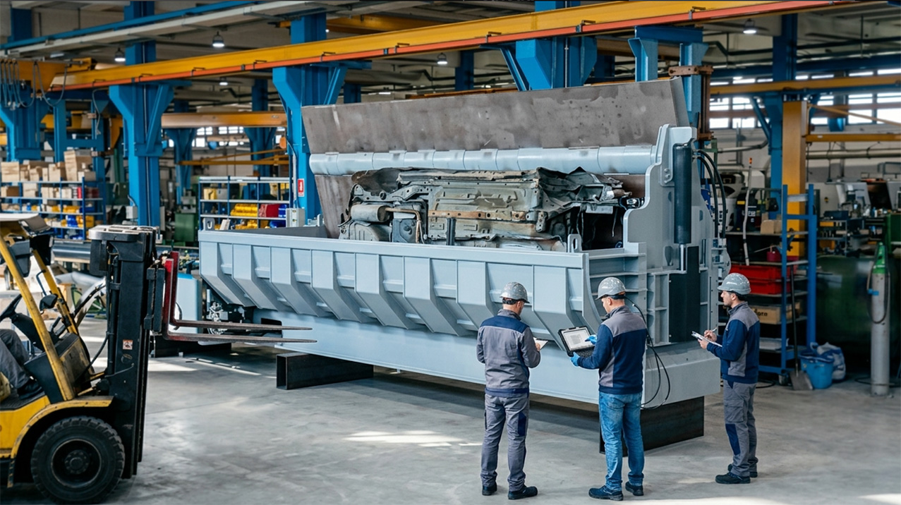 Engineers running a customer's scrap through a Roter baler during a real-time testing session at the factory in Italy