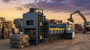 Heavy-duty scrap metal shear baler compressing ferrous scrap into a high-density steel bale in a recycling yard