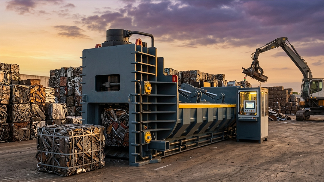 Heavy-duty scrap metal shear baler compressing ferrous scrap into a high-density steel bale in a recycling yard