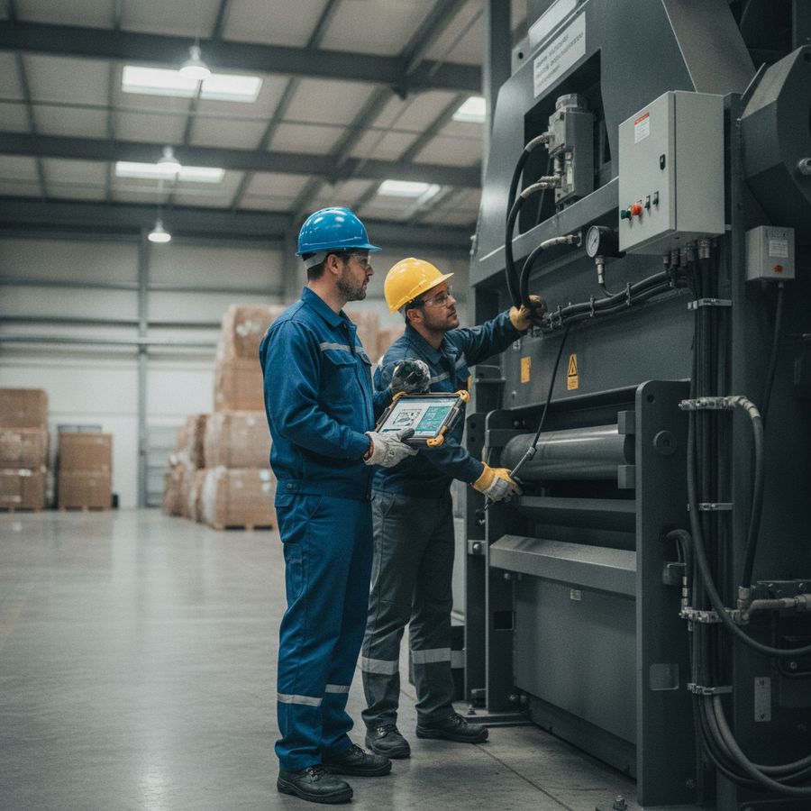 Two service engineers inspect a large baler, one using a tablet and one checking hydraulic parts.