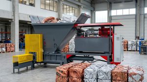 Heavy-duty special waste baler compacting cable scrap and mixed non-ferrous metal into dense bales