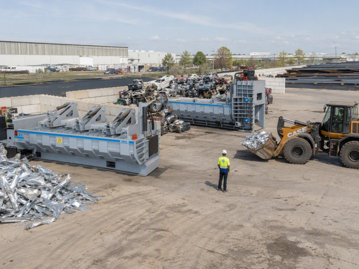 Recycling yard divided into material zones with Roter balers processing scrap, ELVs, and steel.