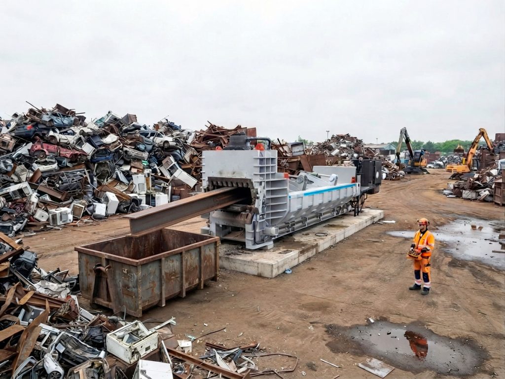 Roter RR-series shear baler cutting structural steel in an outdoor scrap yard.
