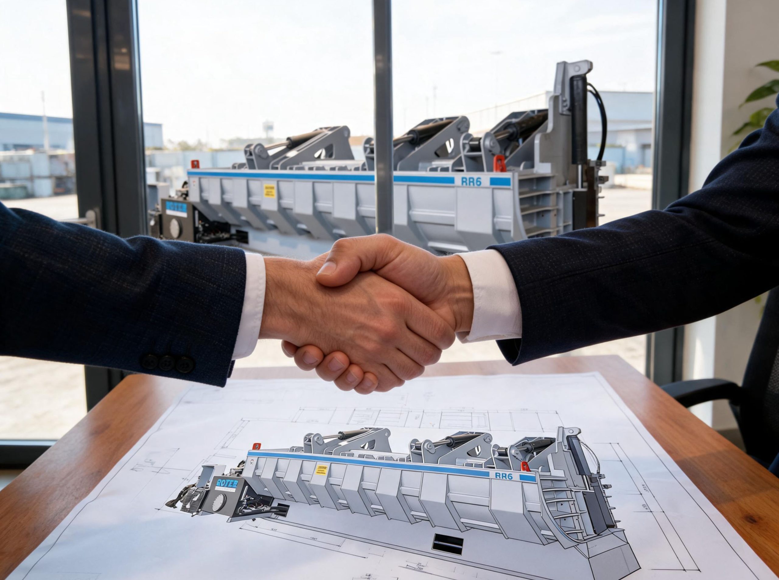 Business handshake over an industrial baler site plan, with a Roter machine visible outside.