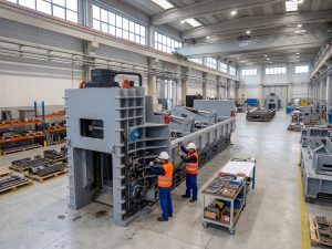 Technicians assembling a Roter shear baler on the factory floor in Ferrara, Italy