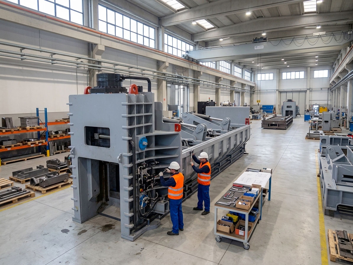 Technicians assembling a Roter shear baler on the factory floor in Ferrara, Italy