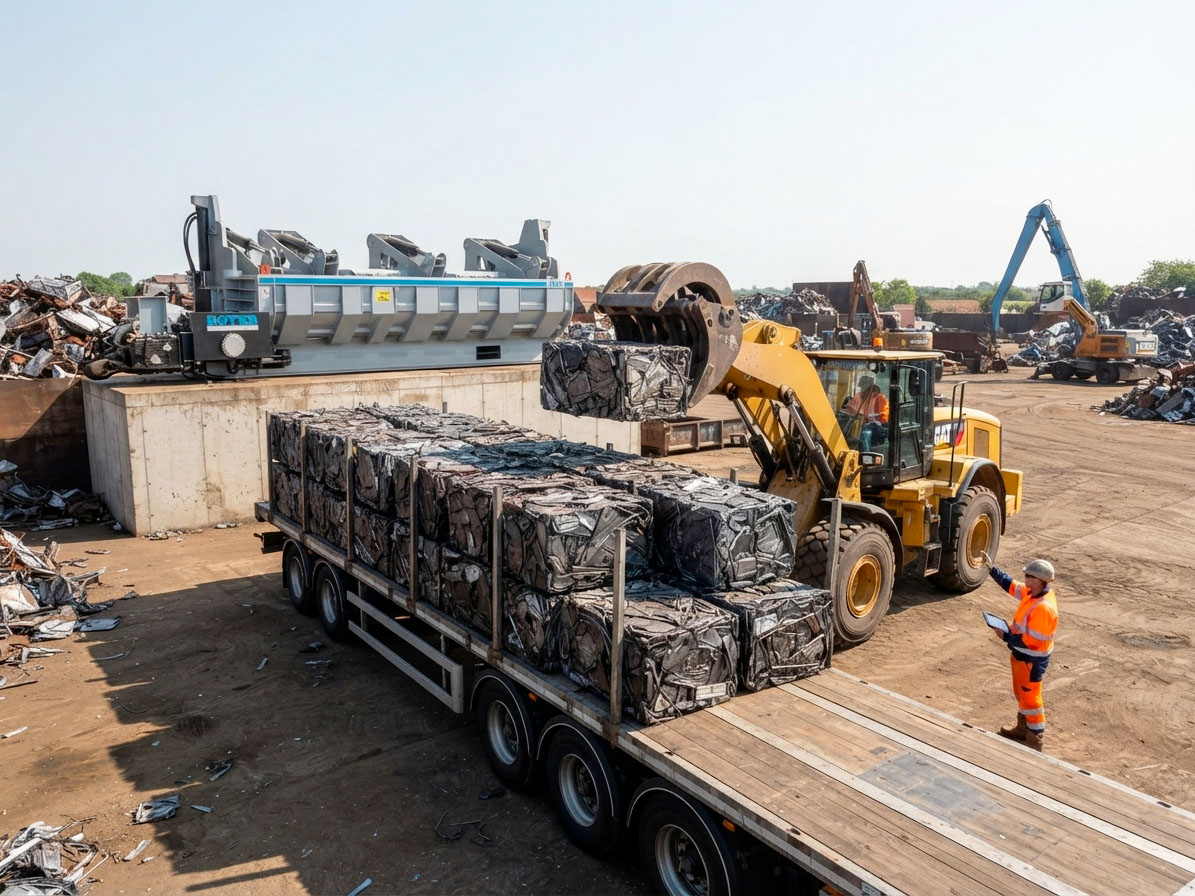 Wheel loader stacking dense metal scrap bales onto a flatbed trailer beside a Roter baler.