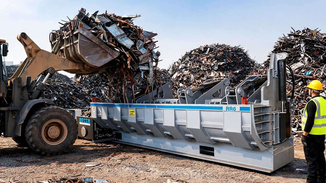 Wheel loader feeding scrap into a Roter baler at peak activity in a busy scrap yard.